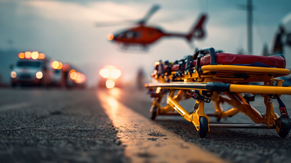 Stretcher positioned on roadside, emergency vehicles and helicopter blurred in distance, concept of immediate response and trauma care