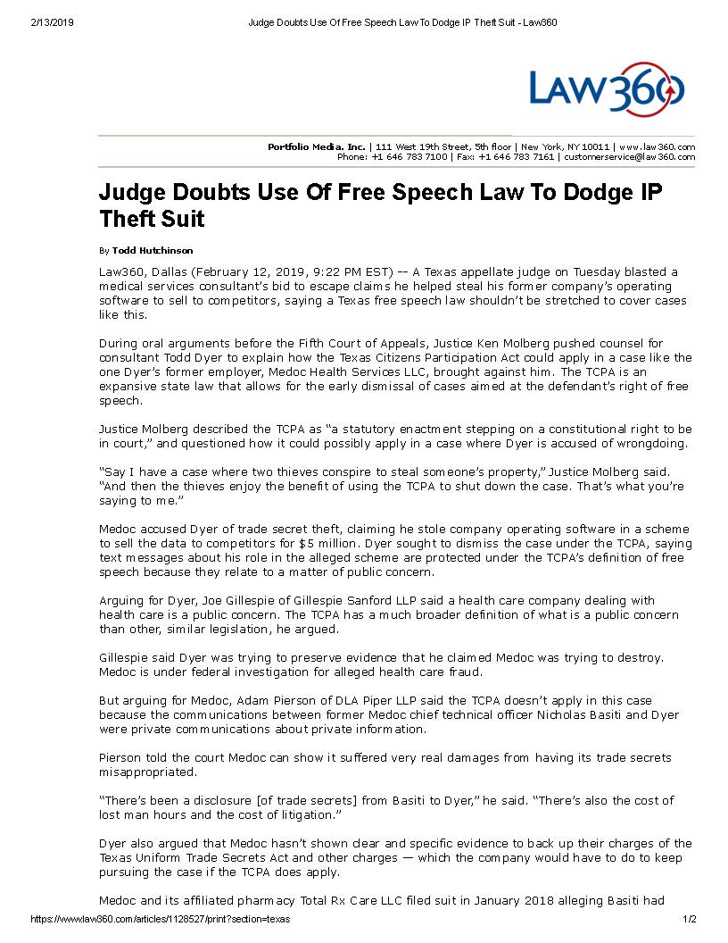 Judge Doubts Use Of Free Speech Law To Dodge IP Theft Suit - Law360_Page_1.jpg